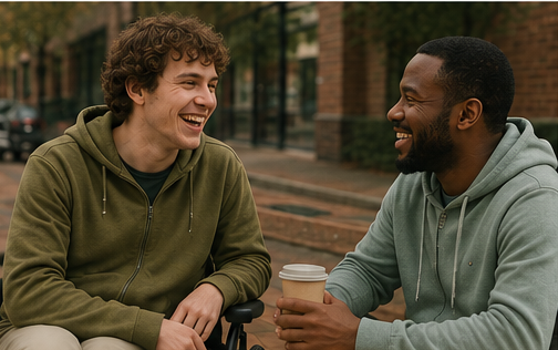 Two people chatting outdoors in the community