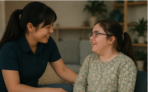 Support worker smiling with a young person at home