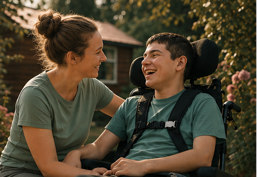 Support worker with a young person using a wheelchair in a garden