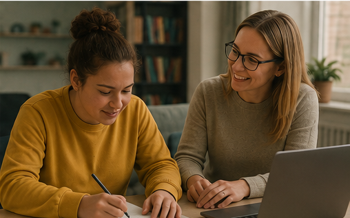 Support worker helping someone write at a desk